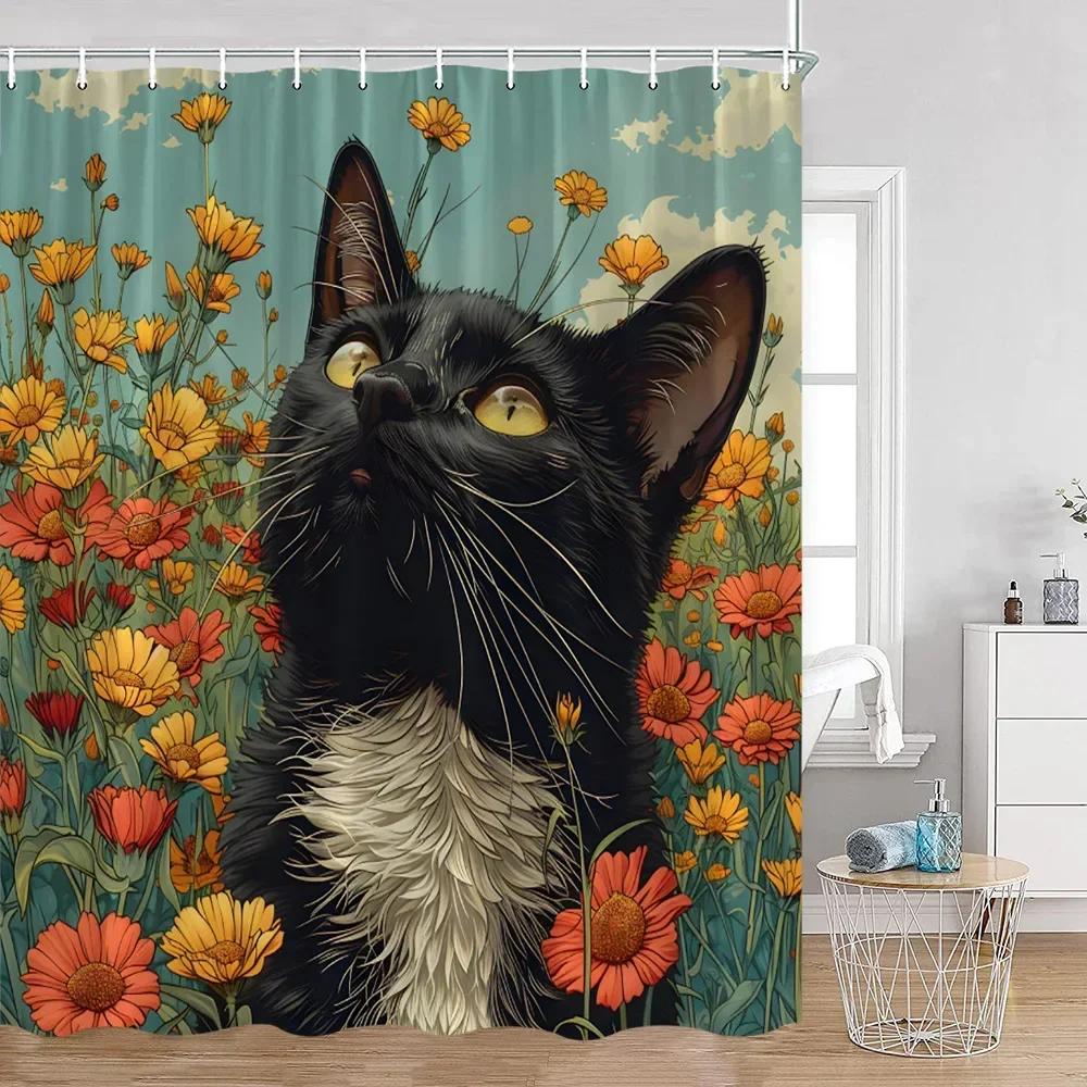 Lustige Katzen Duschvorhang Katzen Reiten Haie Cool Süße Katzen Hunde Blumen Sommer Badezimmerdekorationen Polyester Badvorhang