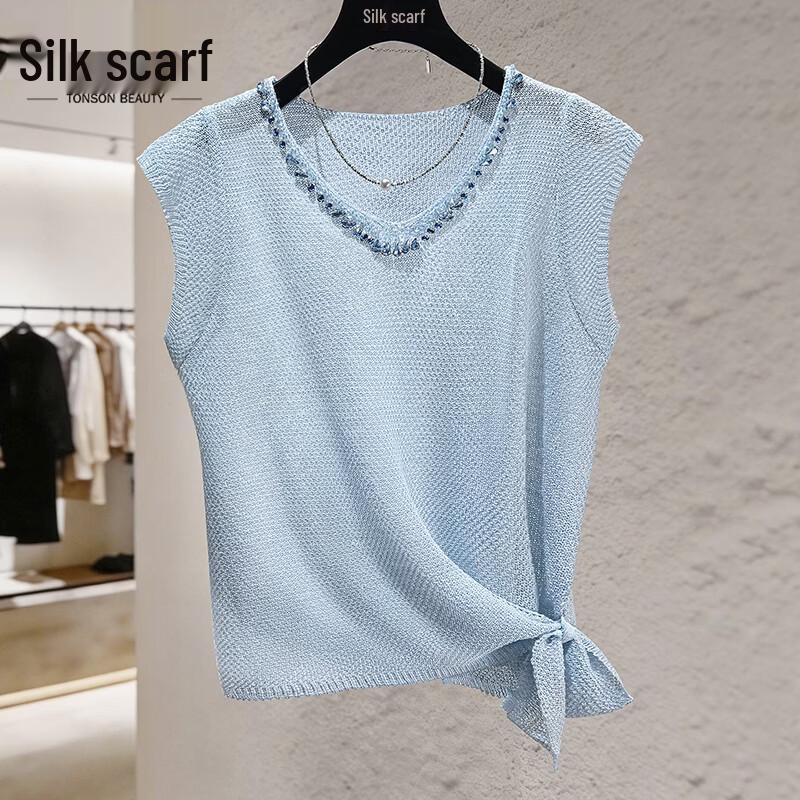 Women s V-Neck Beaded Knit Sleeveless Top One Size