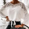 Lady Top Crochet Solid Color Round Neck Lace Stitching Hollow Fall Shirt for Work