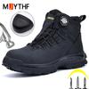 Black Leather Boots Rotating Button Safety Boot for Engineers High-quality Work Boots Puncture-Proof Indestructible Shoes