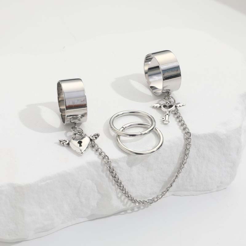 Punk Chain Two Finger One Piece Tassel Rings for Women Men Silver Creative Key Heart Lock Adjustable Rings Jewelry