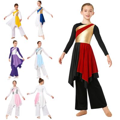 Kids Worship Dance Costume 2Pcs: Metallic Color Block Asymmetrical Hem Dress & Elastic Waistband Wide-Leg Pants for Stage