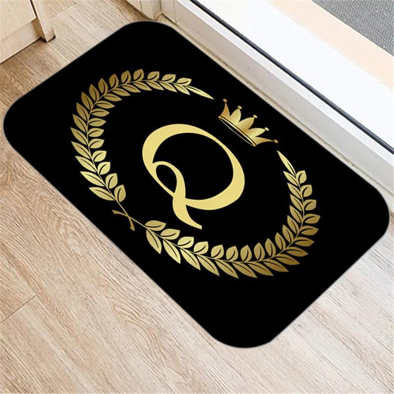 

Kitchen Bathroom Non-slip Floor Mat Style Indoor Rug Black Gold Crown Letter Decoration Entrance Door 40x60cm