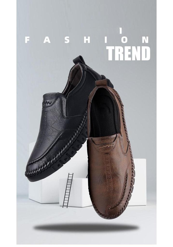 2025 Men’s Breathable Soft-Soled Slip-On Leather Business Casual Shoes - British Style, Low-Top.