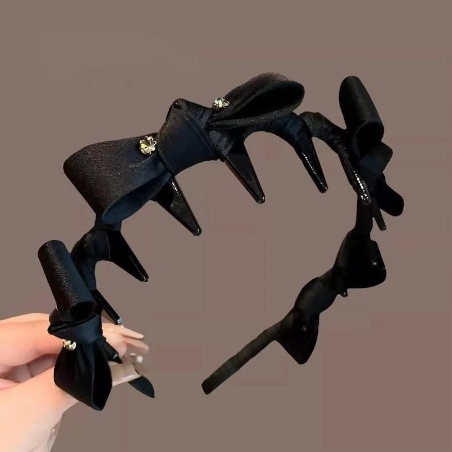 Retro Black Rhinestone Bow Non-Slip Wave Headband with Teeth