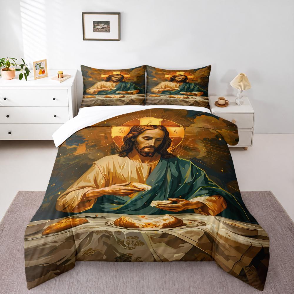 Jesus Breaking Bread Bedding set (1 duvet cover, 2 pillowcases, duvet not included), Golden Halo Religious Art Painting Print