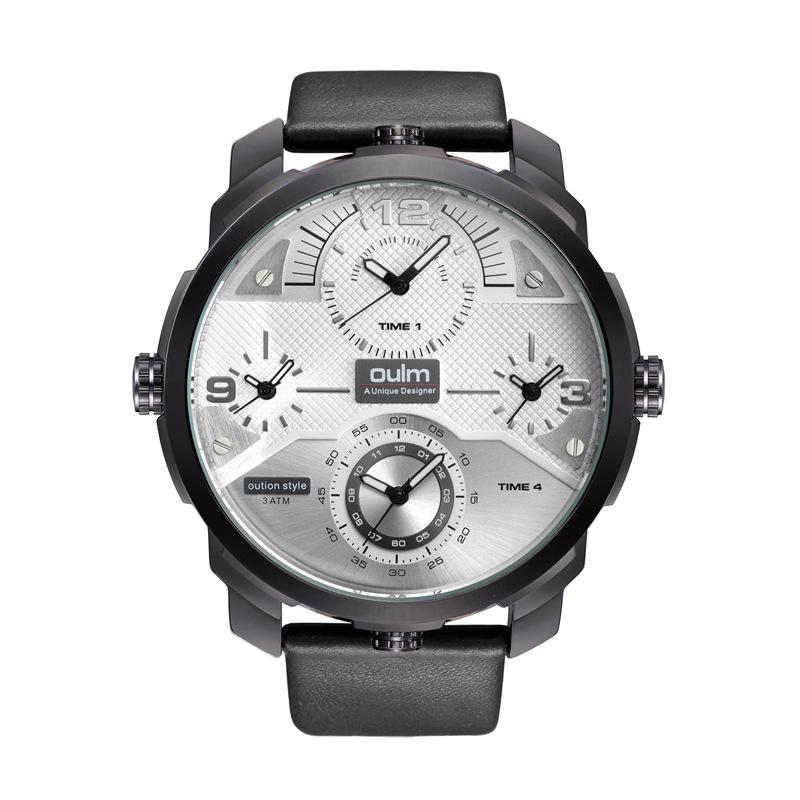 Oulm New Watch Men's Large Dial, Multi-time Zone Multi-movement, Waterproof Quartz Watch, Genuine Leather Watch