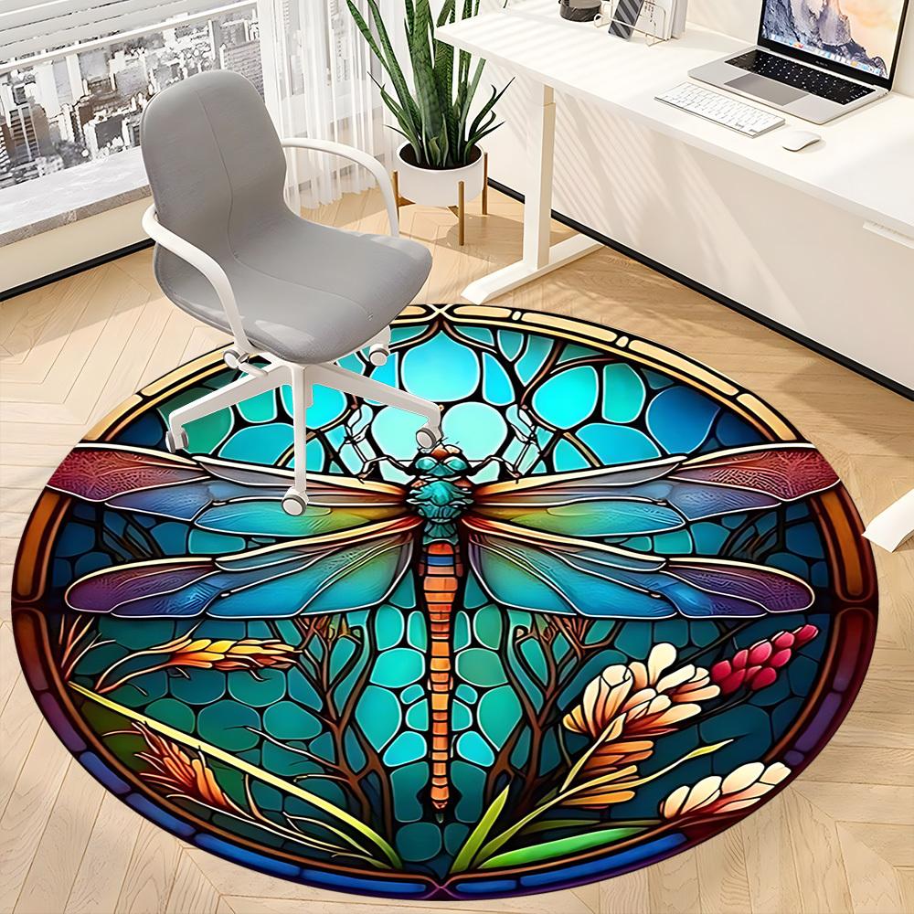 1PC Dragonfly StainedGlass Office Round Area Rug, Mat Suitable ForOffice, Under Office Chairs Bedroom Living Room Home Decor, Room Deco