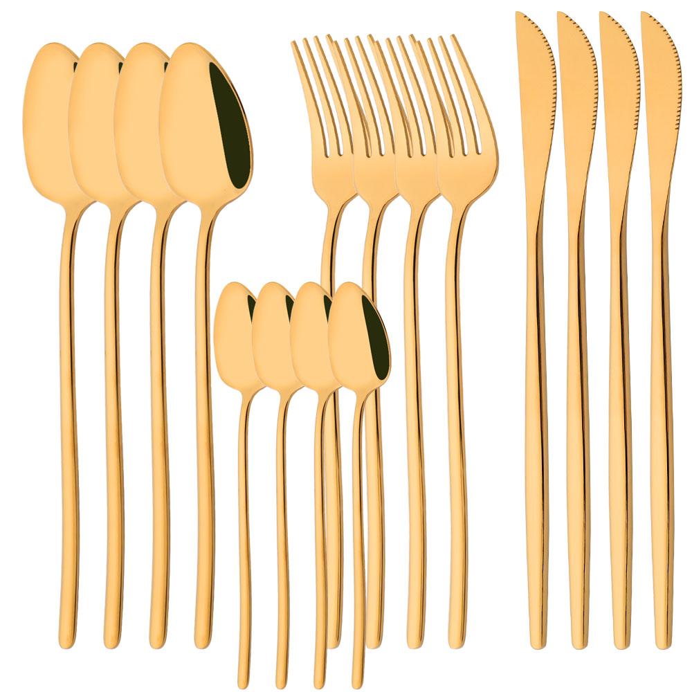 16Pcs Western Black Gold Dinnerware Set Stainless Steel Tableware Flatware Cutlery Set Dinner Knife Fork Spoon Silverware