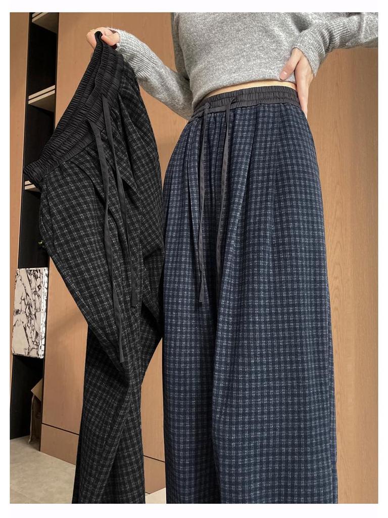 Women's Autumn 2025 Blue Plaid High-Waist Wide-Leg Pants with Drawstring - Retro, Slimming, Casual Style
