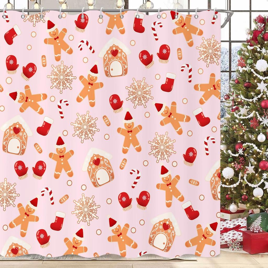 Pink Christmas Shower Curtain, Xmas Cartoon Cute Gingerbread Man House Snowflake Winter New Holiday Bathroom Curtain Waterproof