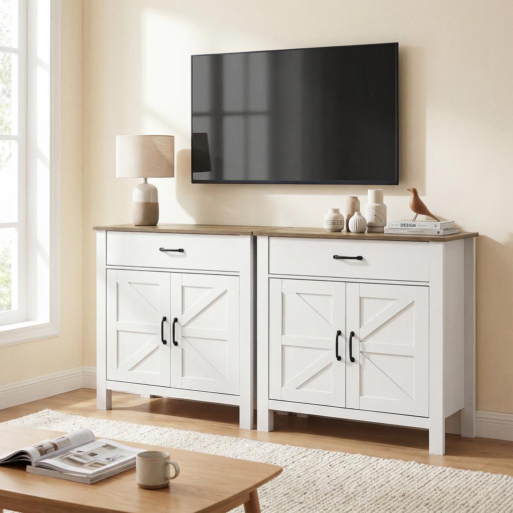 Sideboard Buffet Cabinet, Farmhouse Kitchen Cabinet with Sliding Doors and Adjustable Shelf, White