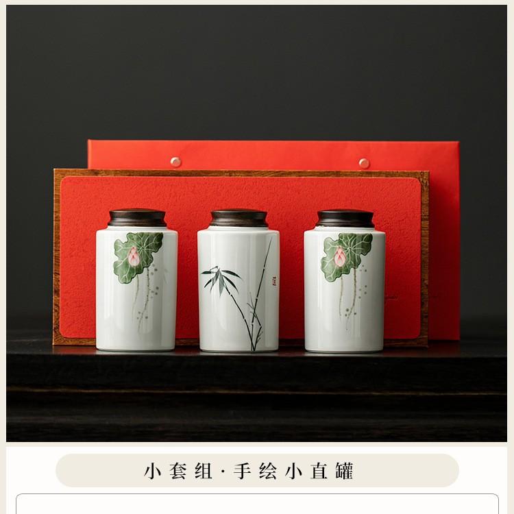 Ceramic Portable Small Tea Can Pure Hand Painted Bamboo Pu'er Tea Broken Silver Tea Packaging Sealed Tea Can Green Tea