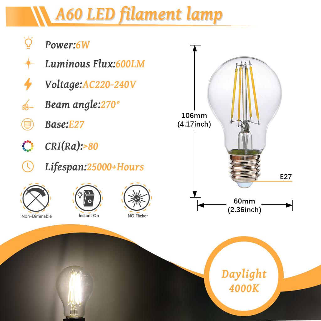 6PCS LED Filament Light Bulb Retro Edison E27 E14 B22 4000K 2700K 220V A60 G45 C37 Vintage Ampoule Incandescent Bulb Edison Lamp