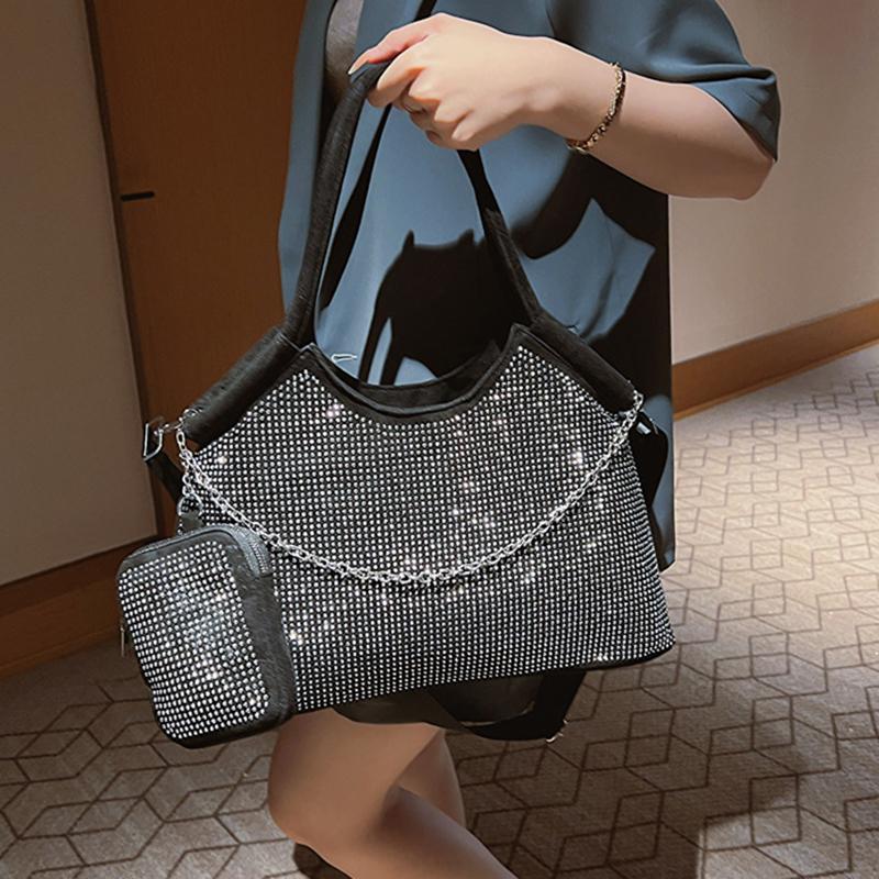 Yogodlns New Shiny Rhinestone Women's Large Capacity Shopping Totes Fashion Dinner Underarm Shoulder Bag Commuter Handbag