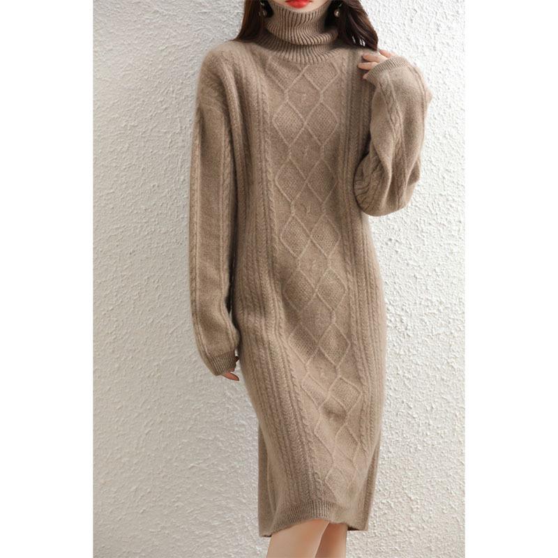 Women's Mid-Length Wool Cashmere Sweater Dress - Bat Sleeve, High Neck, Loose Fit, Autumn/Winter Style