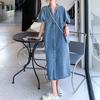 Vintage Hong Kong Style Denim Dress for Women Summer Thin Fabric High End Sense Loose Casual Straight Long Dress