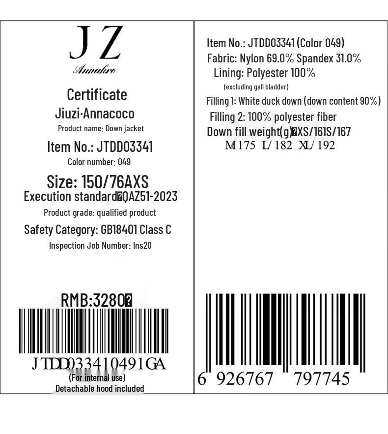 Annaco Light Oxygen Series White Duck Down Hooded Puffer Jacket