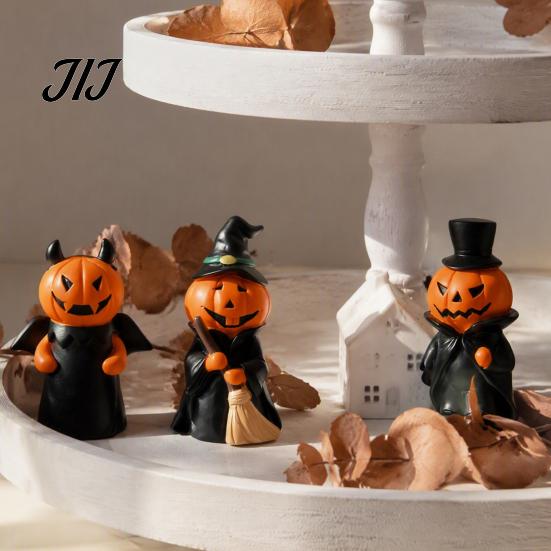 Small Desktop Sculpture 3Pcs Halloween Pumpkin Ghost Figurine, Resin Spooky Tabletop Decor Festival Party for Home Bookshelf And Tiered Tray,