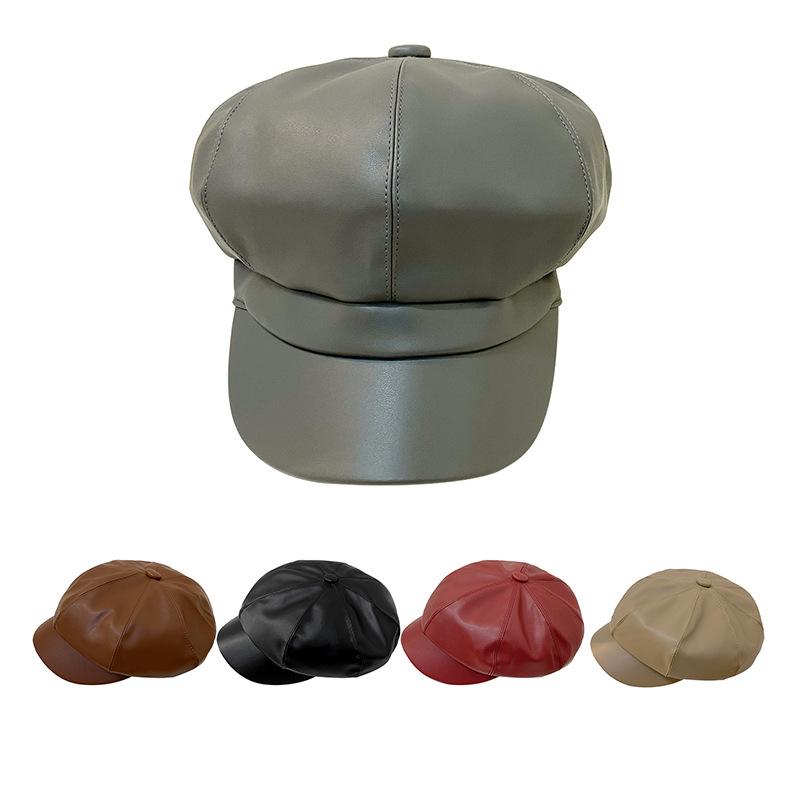 Winter Korean Style Student Cute Versatile Pu British Style Octagonal Hat Pumpkin Hat Korean Leather Beret Women