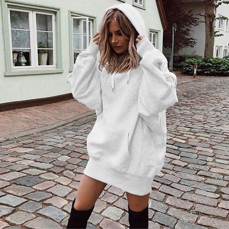 European & American Autumn/Winter Fashion: Women's Solid Color Loose Fleece Hooded Sweatshirt Pullover.