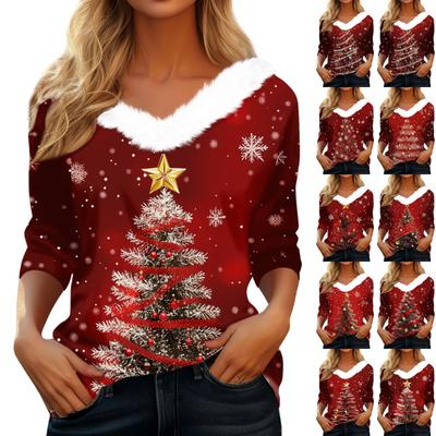 Women's Fashion Long Sleeve Christmas Print Party  Collar V-Neck Top