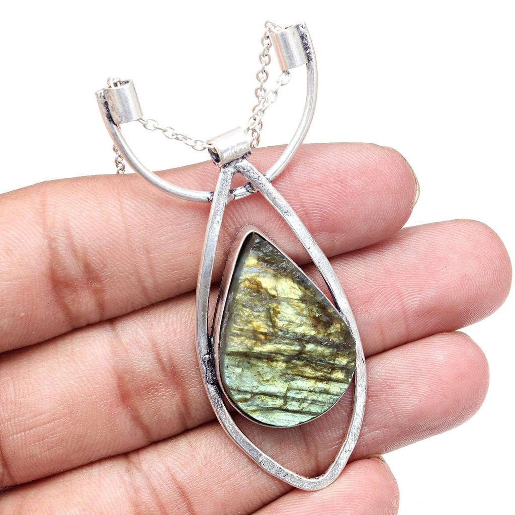 Pendentif Argent Péridot Labradorite Pierre Gemme Bijoux Argent Sterling 2.5" Feu