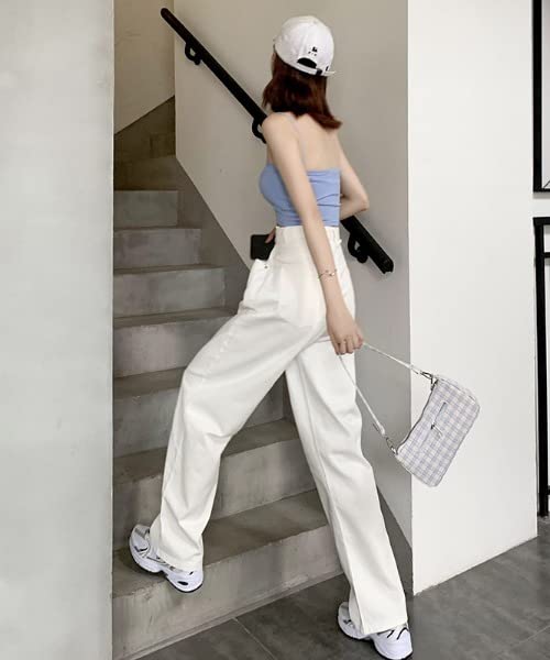 Aimoha Denim Pants with Waist Baggy Zip White Size White Women's High-Waisted Tucks, Silhouette, Fly, Denim, XL,