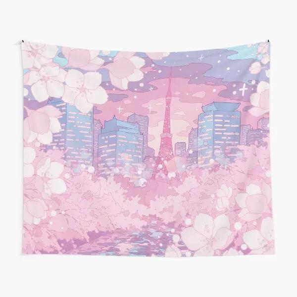 Anime Scenery Tapestry Japanese Mountain with Cherry Blossom Tapestries Sakura Village Wall Tapestry for Bedroom Aesthetic Decor