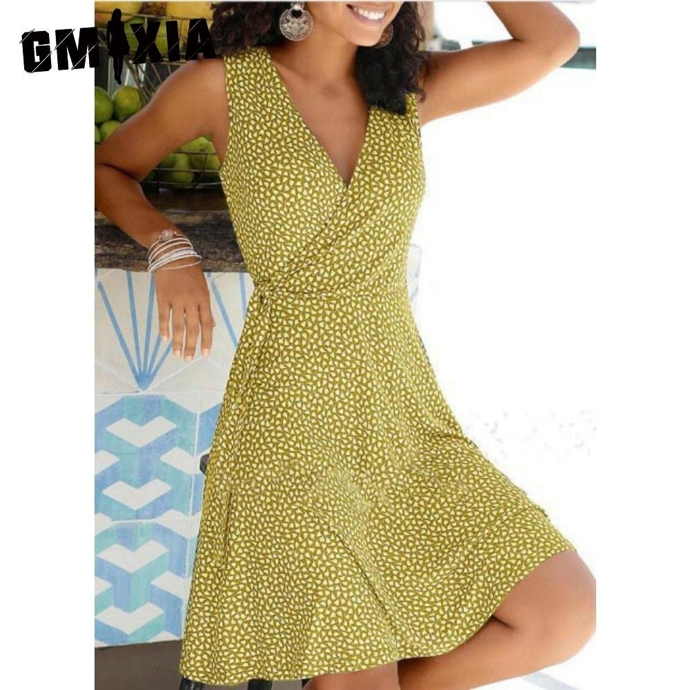 

GMXIA Платье в горошек Женское Бандажное Пляжное Платье Без Рукавов Летние Платья в стиле Бохо для Женщин Повседневные Платья С V-образным Вырезом Женский Халат L жёлтый
