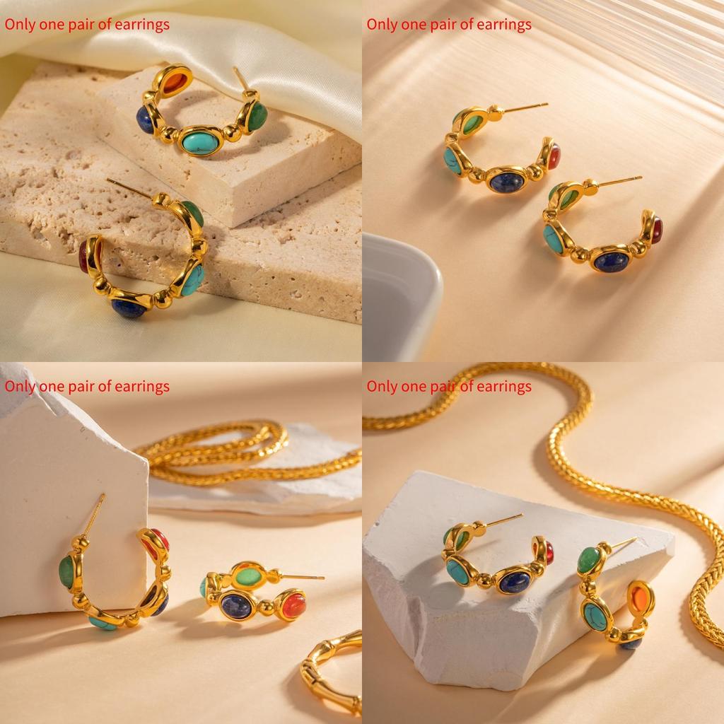 Fashionable And Versatile Stainless Steel Earrings With 18k Gold Plating Geometric Shape Embedded Natural Stone