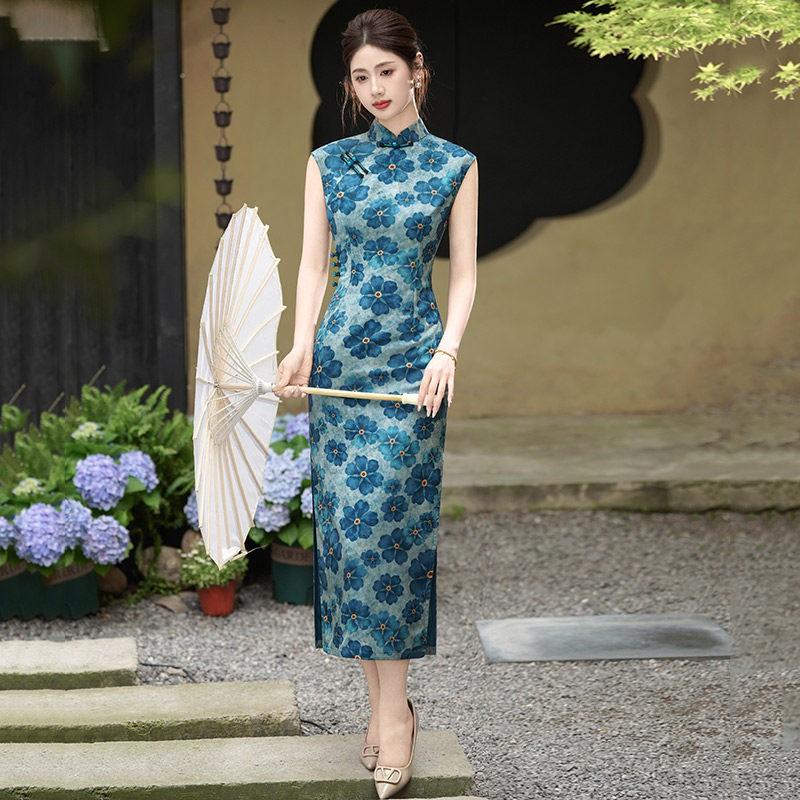 Blue Sleeveless Modern Chinese-Inspired Long Cheongsam Dress 2026 Womens Elegant Retro Style Medium