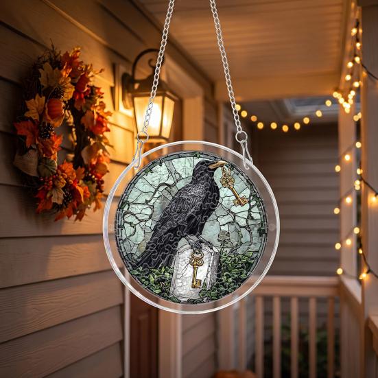 yangyizhi Halloween Scary Bat Pumpkin Acrylic Jigsaw Puzzle Suncatcher, Stained Glass Style Window Hanging Decor for Home, Garden, Gift Family Friends