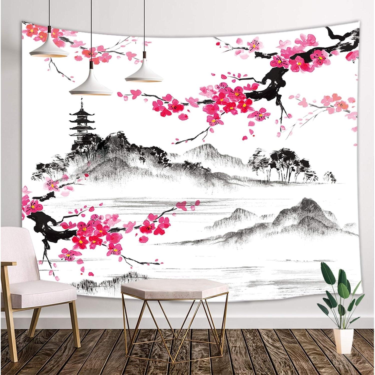 Japanese Watercolor Tapestry with Spring Theme Wall Hanging 75x100