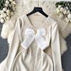 Elegant Bow High Waist Fashion Bodycon  Dress Long Sleeve Sexy Knit Elastic Tight Vestidos Autumn Winter Pencil Sweater Dress