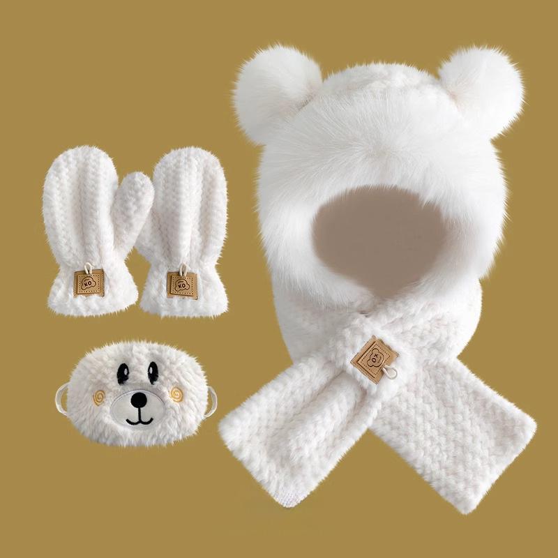 Bear Hat Scarf Integrated Women's Autumn and Winter Riding Cold Scarf Warm Ear Protection Cute Plush Gloves Mask