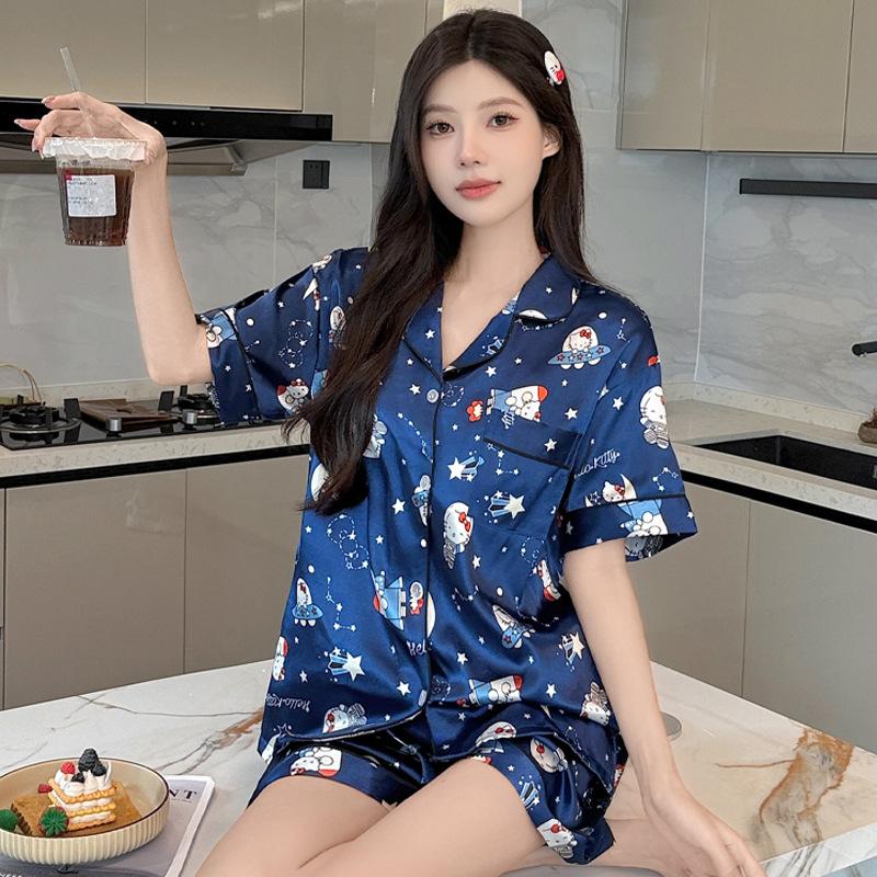 

Travel In Space Kitty Cat Cute Pajamas Women S Summer Ice Silk Cool Short-Sleeved Loungewear Set 2XL