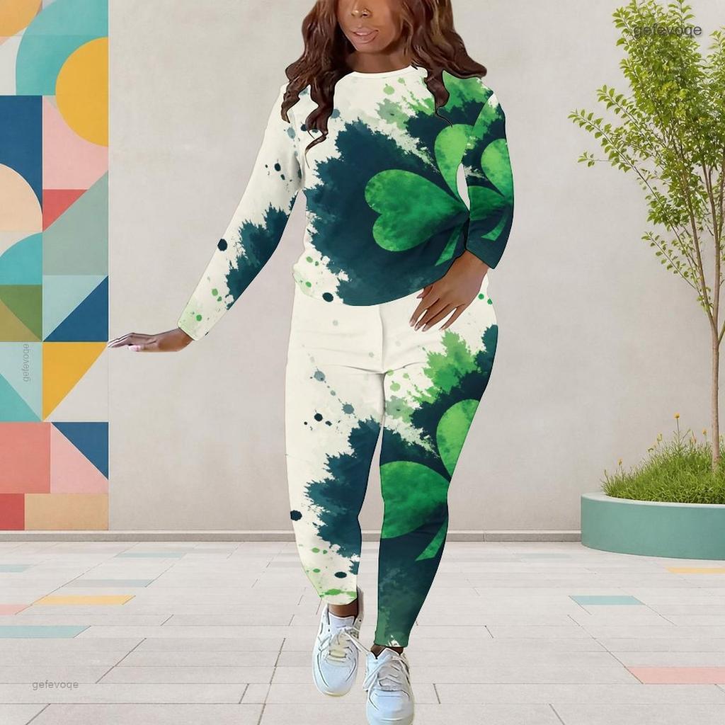 Women Plus Size Round Neck Long Sleeve Tie Dye Shamrock Printed Two Piece Pants Set