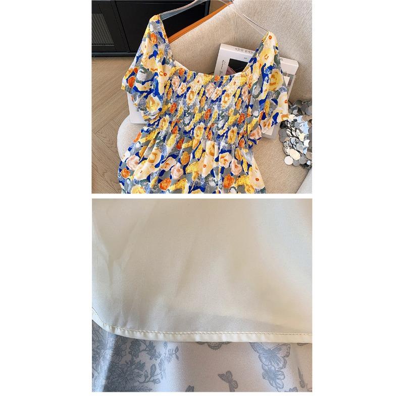 Letnia sukienka damska plus size, temperamentna, luźna, zakrywająca ciało, z kwadratowym dekoltem, modna, w kwiaty, z krótkim rękawem