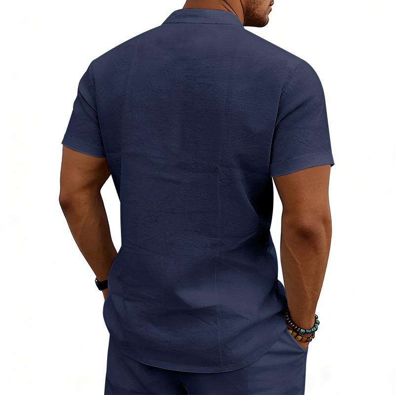 Men's Linen‑Blend Lace‑Up Stand‑Collar Shirt, Crisscross Tie Front V‑Neck, Short Sleeve, Breathable Relaxed‑Fit Medieval Renaissance Casual Summer Top