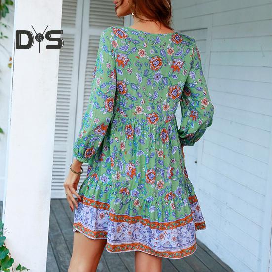 Damen-Boho-Kleid mit Blumenmuster, lässig, langärmelig, fließend, kurzes Kleid, lockerer V-Ausschnitt, Knopfleiste, A-Linien-Kleid, Mini-Strand-Sommerkleid