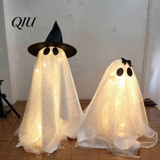 Minimalistický sváteční stolní doplněk Halloweenská dekorace duch, Strašidelná síťovina s flitry s čarodějnickým kloboukem/mašlí, Skládací stojící ozdoba Malý stolní