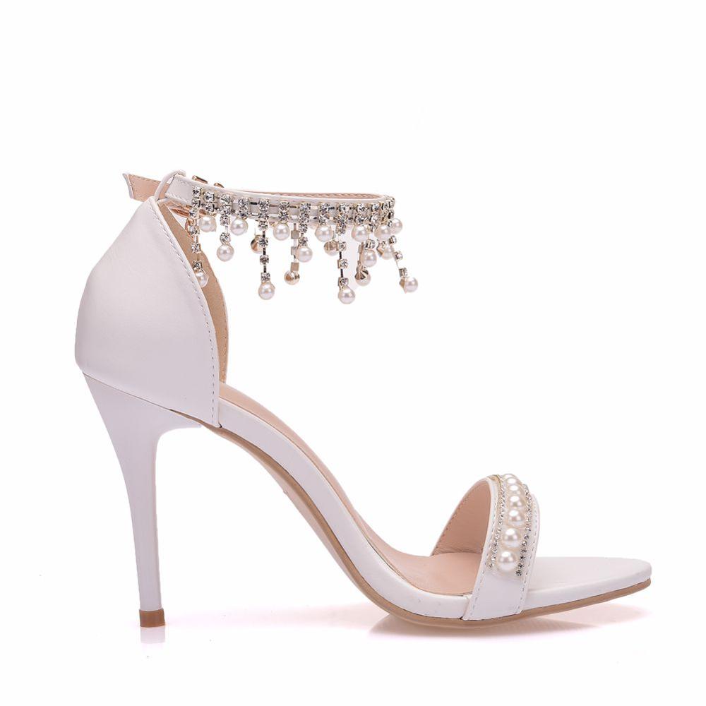 Crystal Queen Sweet White Sexy Dress Wedding Shoes Women Lacing Ankle Strap Peep Toe High Heel Sandals 9cm Pumps