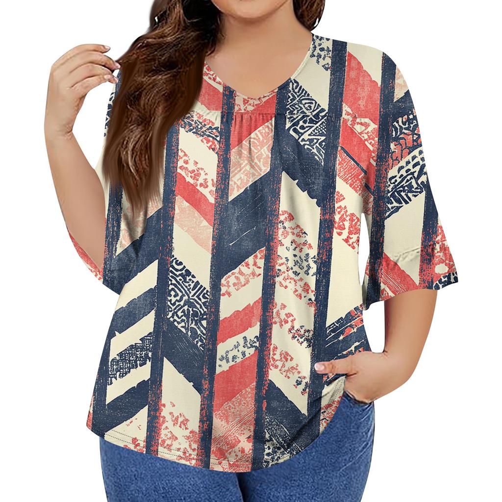 Women's Fashion Casual Retro Printed V-Neck Seven-Point Sleeve Ruffle Sleeve T-Shirt Tops Plus Size Women's