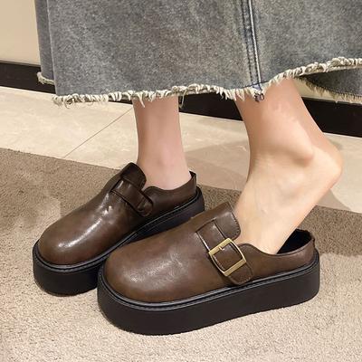 Casual Single Shoes, Lazy One Pedal, Black Leather Shoes for Women, 2025 New Spring and Summer Thick-soled Bag Head and Half Slippers
