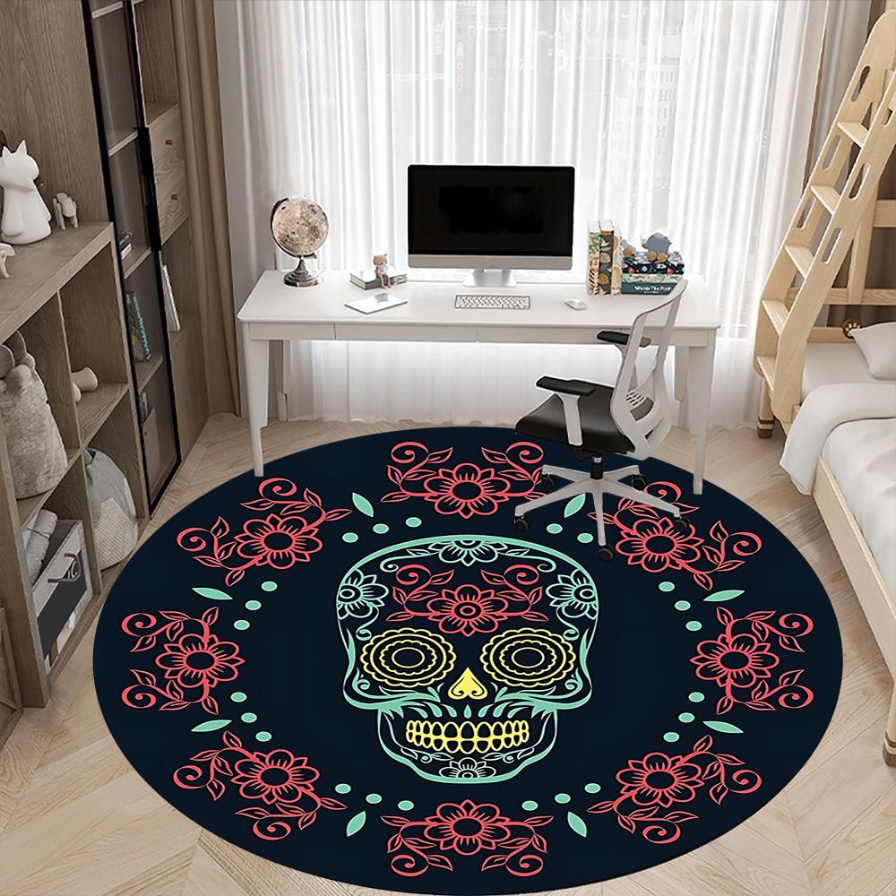 1pc Sugar Skull Art Chair Carpet for Office, Indoor Non Slip Washable Polyester Fiber Carpet,