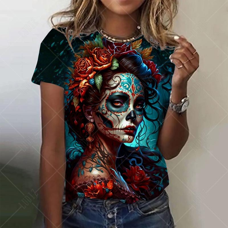 Mexican Day of the Dead Women's T Shirt 3D Print Rose Catrina Goddess O-Neck Short Sleeve Tees Streetwear Y2k Clothing For Girls