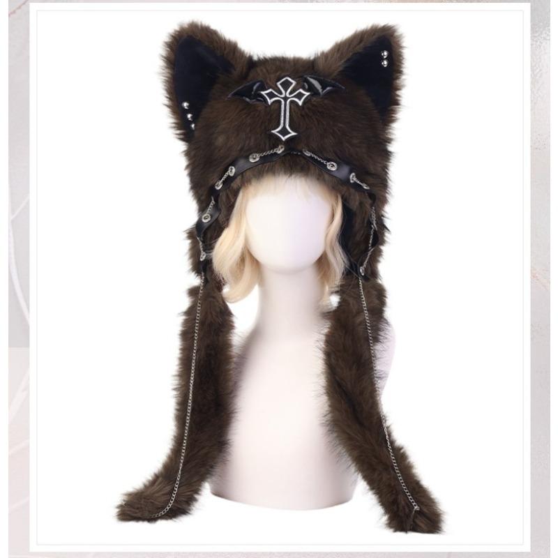 Gothic Dark Plush Cat Ear Hat Alt Subculture Punk Rock Y2K Grunge Hot Girl Fluffy Beanie for Women Winter Warm Fleece Head Cap