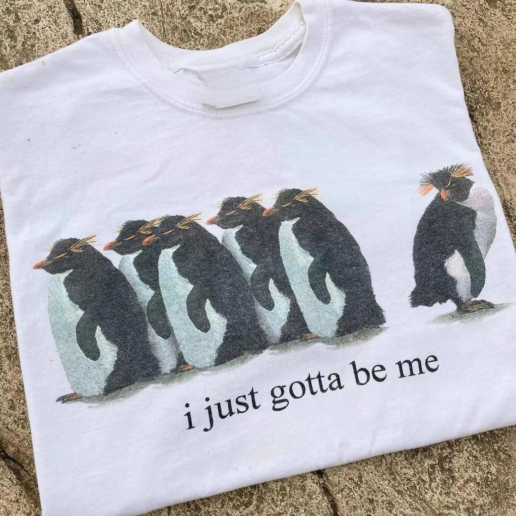 Tricou nou drăguț de modă cu pinguin mic, supradimensionat, larg, cu mânecă scurtă, cu un stil de nișă școlar, topuri, tricouri, unisex