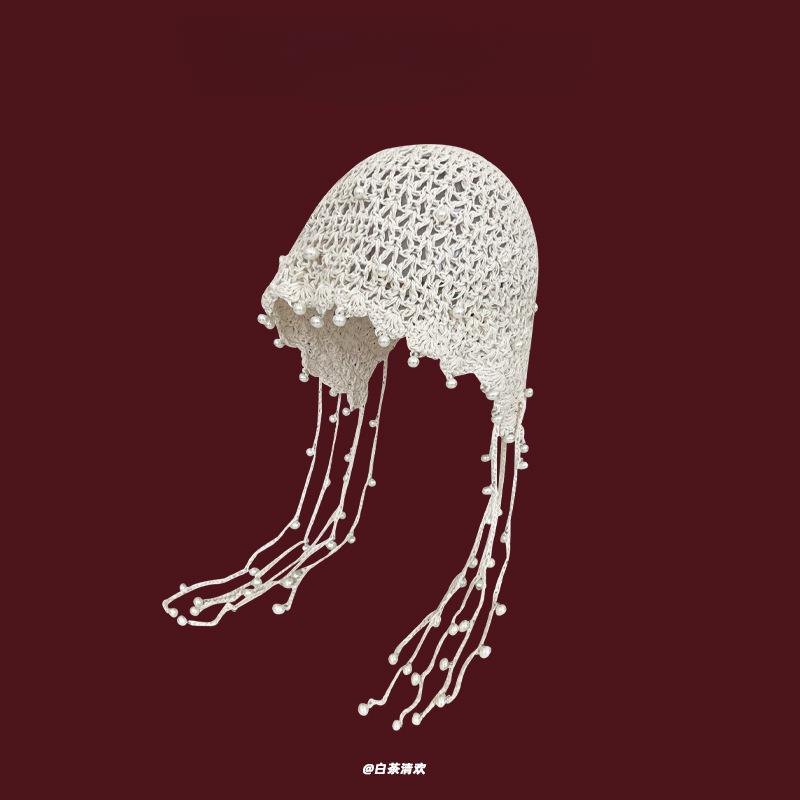 Fashion Handwoven Hollow Baotou Hat Women's Crochet Ethnic Style Tassel Ear Protector Strap Sleeve Knitted Hat